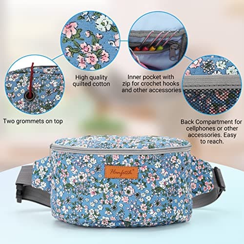 Hanfetch Yarn Crossbody Waist bag Small Yarn Storage Organizer for Yarn Skeins-Organizer for Crochet Hooks and Other Accessories, Flower-Blue, S, Yarn Storage Bag — view 5
