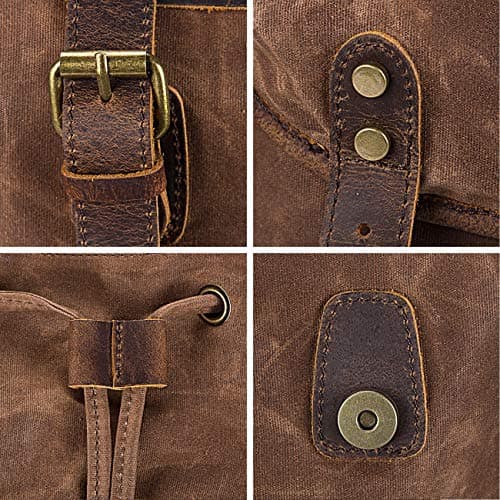 WUDON Leather Backpack for Men, Waxed Canvas Shoulder Rucksack Carry-On Travel Backpack, Coffee, L, Travel Backpacks — view 3