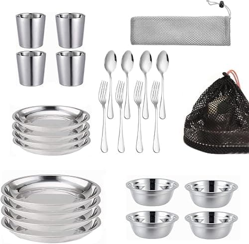 Stainless Steel Camping Mess Kit for Family & Person, Cooking Tableware Utensils with Plates Bowls Forks Spoons Knives & Savings Bag for Camping, Backpacking, Hiking, Picnic (A)
