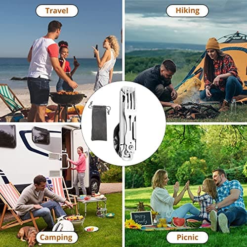 HONZIN Folding Camping Cutlery Set, 5 in 1 Multifunctional Portable Stainless Steel Cutlery, Outdoor Detachable Tableware Utensil for Travel, Hiking, Picnic, with Drawstring Pouch (2 Packs) — view 5
