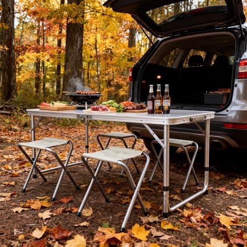 DANIEL JAMES Folding Camping Table and 4 Stool Set – Portable Picnic Table with Stools, Aluminium Frame & Carry Case – Foldable Outdoor Table for Camping, Garden, Beach & Festivals | 120x60cm — view 4