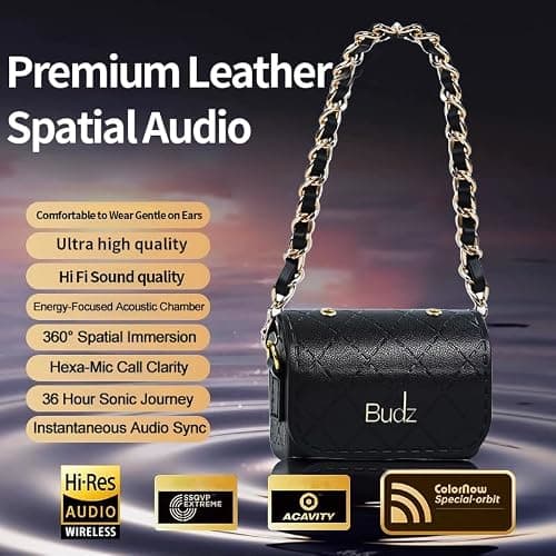 BUDZ Classic Black Wireless Earbuds with Gift Box for Women, Bluetooth 5.4 Headphones with leather bag, Hi-Fi Dual-Magnetic Diaphragm Earphone, 36H Battery, ANC, 360° Spatial Immersion — view 4