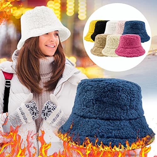 Winter Faux Fur Fuzzy Bucket Hats for Festivals Teddy Fleece Sports Hats Warm Winter Outdoor Travel Festival Gift Fisherman Hat Lightweight Outdoor Dressy Hat (Black, One Size) — view 2