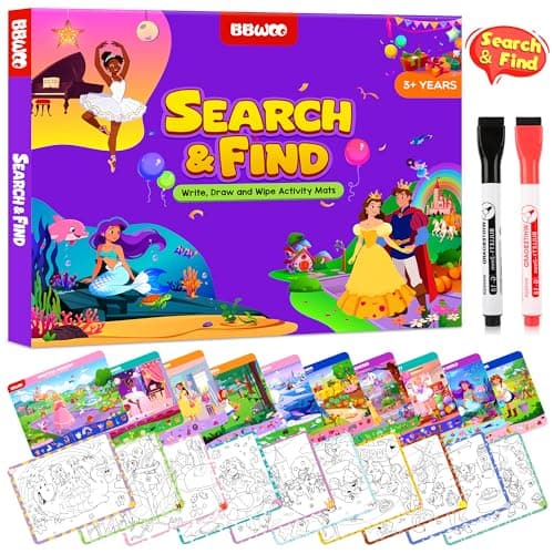 BBWOO 20 Themes Search and Find Books for Kids Ages 3-5, Princess Educational Seek Game, Travel Games Toys for Car Airplane, Preschool Learning Road Trip Activities for Kids Games Ages 4-8