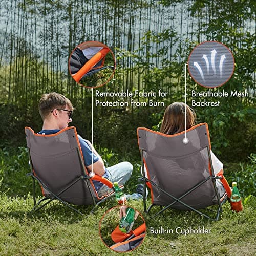 Portal Folding Beach Chair Low Lightweight 2 PCs Portable for Adults Foldable Beach Seat Camping Festival Picnic Deck Chair Outdoor Collapsible with Cupholder Mesh Back Padded Armrests Supports 150KG — view 5