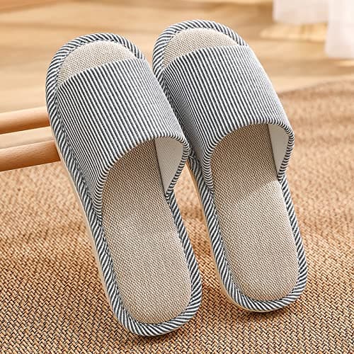JIJIe Slippers for Women Men Linen Slippers Open Toe House Shoes Summer Sandals for Indoor Outdoor Bedroom (Navy Blue 44/45) — view 2
