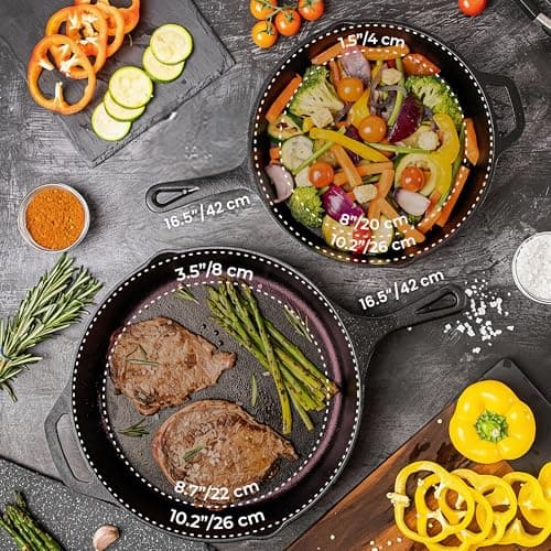 nuovva 2pcs Cast Iron Skillet Set – Pre Seasoned Skillet Frying Pan – Oven Safe Grill Cookware Set for Outdoor & Indoor Use – (Chef Set 10-inch 25cm and 12-inch 30cm) — view 4