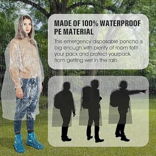 LEEPAT 5 Pack Ponchos Waterproof with Sleeves and Drawstring Hood, Thickened Portable Adult Emergency Disposable Waterproof Poncho Ideal for Festival Waterproofing, Camping, Theme Parks — view 6