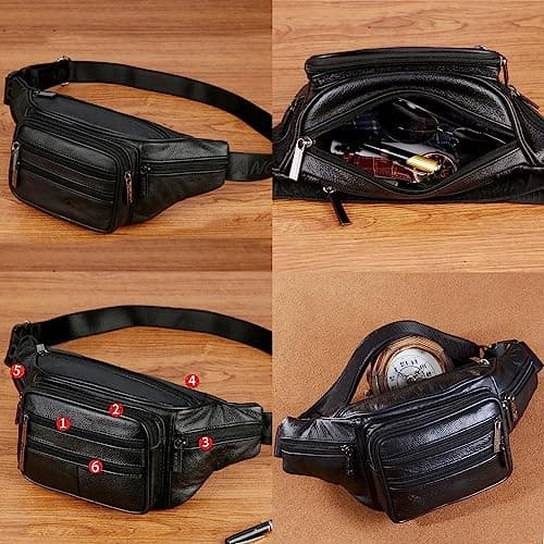 BSITSSS Genuine Leather Bum Bag, Waterproof Fanny Pack Waist Bag, Casual Travel Bumbag, Waist Packs as Travel Holiday Money Belt, Dog Walking Fashion Bum Bag and Running Fanny Pack(Black) — view 5
