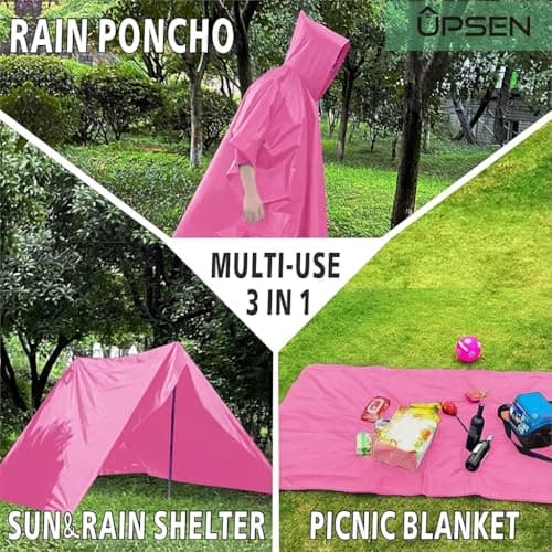 UPSEN Rain Ponchos for Adults, 2 Pcs Reusable Raincoats Coats Jackets Emergency for Women Men with Hood, Pink — view 6