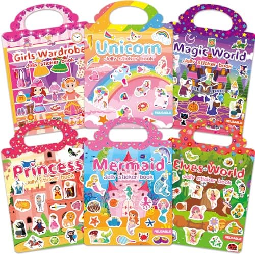 6 Sets Reusable Sticker Book for Toddlers 3-6, Jelly Sticker Books for Toddler, Travel Sticker Activity Toys for Kids 3 4 5 6 Years Old Girls