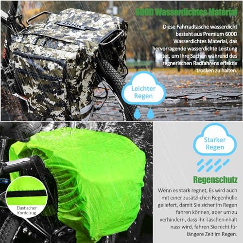 HINATAA Bicycle Bags for Pannier Rack, 30 L Double Bicycle Bag, Rear Pannier Rack, Waterproof Bicycle Pannier Bag with Rain Cover, Pannier Rack Bag with Reflective Bands (Camouflage) — view 3