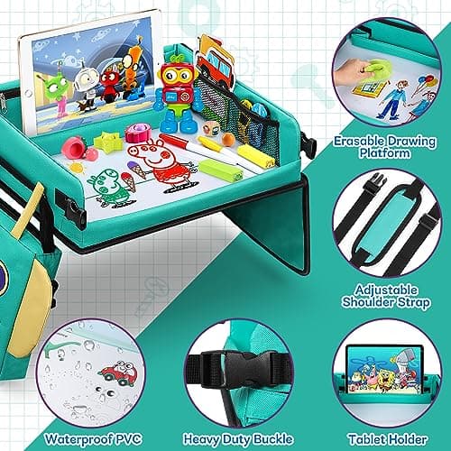 COOLJOY Kids Travel Tray for Toddler Car Seat, 2 in 1 Kids Lap Tray with Robot Backpack and Transparent Erasable Surface, Play Trays for Cars, Educational Travel Toys for Kids Toddlers Boys Girls — view 4