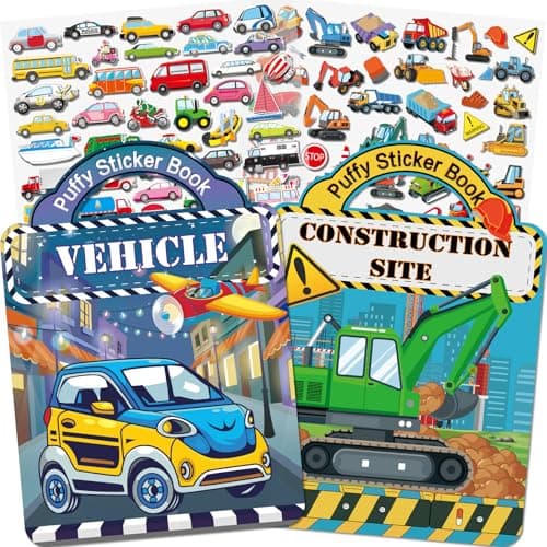 Elfew 2 Pack Puffy Sticker Books for Kids 2-4, Construction and Vehicle