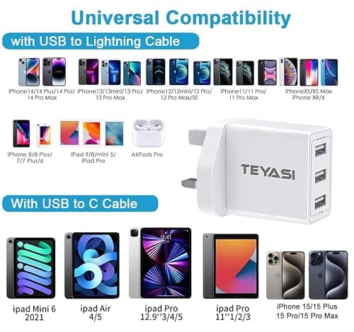 2Pack USB Plug Adaptor UK, Multi USB Charger Plug UK 3Port 3 Pin Wall Charger, Multiple Mains Charge Power Adapter Fast Charging for iPhone 14 13 12 11 10 XS Max XR X 8 7 6 — view 6
