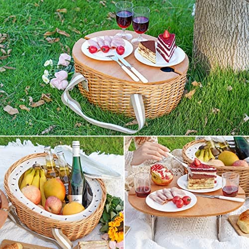 STBoo Picnic Basket for 2, Insulated Wicker Hamper with Table, (Beige New) — view 5
