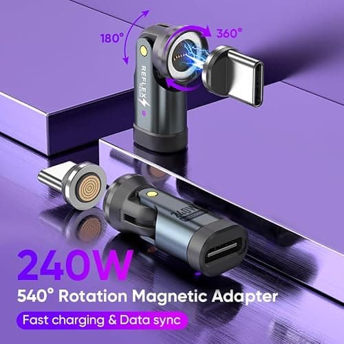 REFLEX CAMERA Twin Pack 540° Rotating Magnetic USB Adapter, 240W Fast Charge, 5A, Data Transfer, Smart Chip, LED Indicator, Aluminum Alloy USB-C to USB-C Connector (2-Pack) — view 2