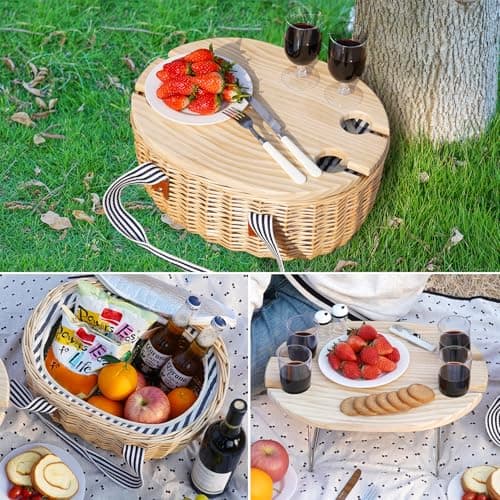 STBoo Picnic Basket for 4, Insulated Wicker Hamper with Table (Stripe) ﻿ — view 3