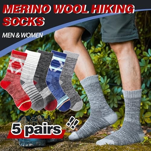 Welwoos Merino Wool Walking Hiking Socks for Women Men Thermal Winter Warm Cosy Crew Work Gift Socks Stocking Fillers 5 Pairs(Mixed, 3-7) — view 2