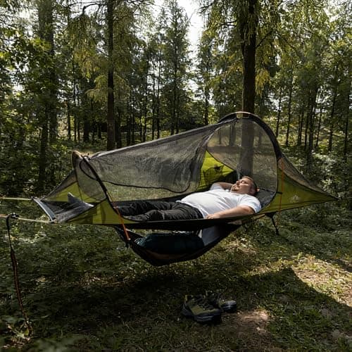 Night Cat Hammock Tent for 1 Person: Triangle Flat Bottom Hammock with Mosquito Net and Outdoor Camping Waterproof Tarp for Backpacking in Jungle Army Green — view 5