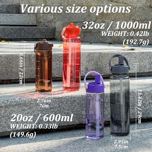 GOPPUS 600ml/20oz Clear Water Bottle with Straw, Tritan Leakproof Sports Drinking Bottle, BPA Free Wide Mouth Gym Bottle with Handle and Measurement Marks for School, Gym, Travel (Grey) — view 2