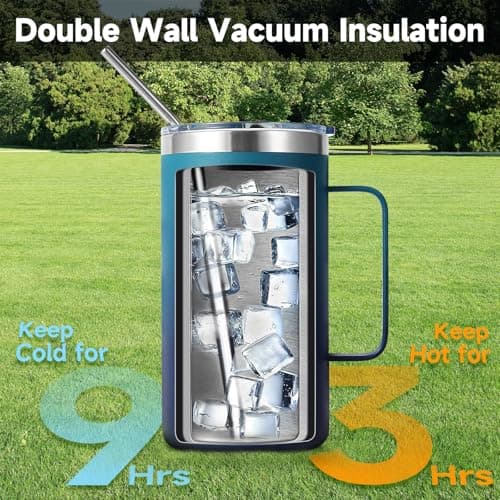 Volhoply 650ml (22oz) Insulated Coffee Mug with Lid and Straw, Stainless Steel Travel Mugs with Handle, Leak Proof Double Wall Coffee Cup for Hot and Cold Drinks (Dark Night,1 Pack) — view 5