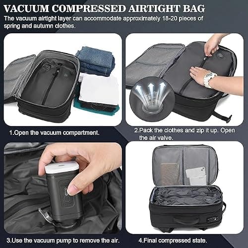 LOKASS Vacuum Seal Compression Travel Backpack 60L Expandable, Anti Theft Travel Cabin Bag, Water Resistant Carry on Backpack, School Rucksack Gift for Men and Women, Black — view 4