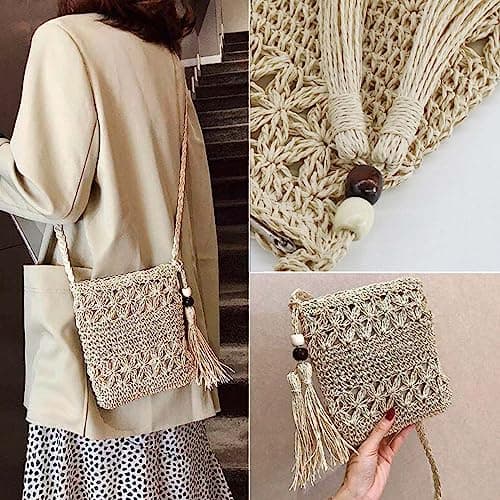 MUNSKT Straw Bag for Women with Tassel & Shell Keychain & Cherry Blossom Brooch, Weave Handmade Bohemian Crossbody Bag with Zipper for Summer Beach Travel — view 6