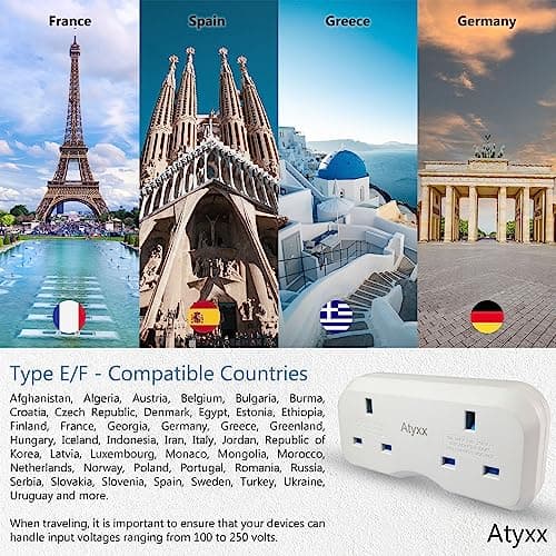 Atyxx Dual European Travel Adapter - Double Socket EU Plug Adapter with Power Indicator Light - Easy To Remove, Space Saver Europe to UK Plug Adaptor - Compatible with Sockets In 80 Countries — view 3