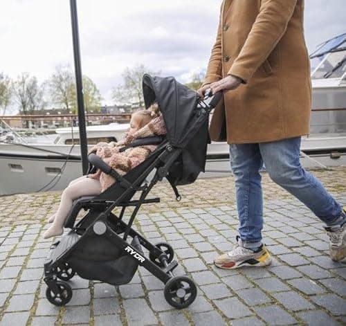 RYDR C8 Compact Travel Pushchair | Lightweight Baby Stroller/Pram/Buggy for 0–3 years/15kg | Easy One-Hand Fold, 5-Point Harness, Adjustable Back, Leg Rest and Canopy, Shopping Basket (Black) — view 6