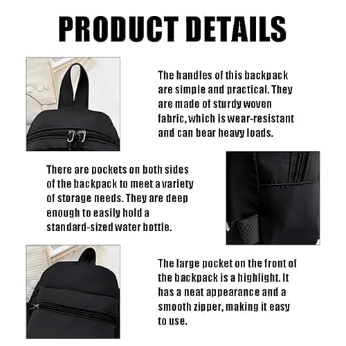 CYZTD Small Backpack for Women & Girls, Casual Shoulder Bag with Front Pocket for Travel, Black Rucksack, Lightweight Nylon Mini Backpack Daypack with Adjustable Strap, Shopping, Daily Use — view 3