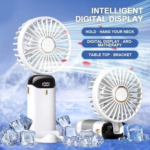 Rainberg Rechargeable Hand held Fan with LED Display, 5-Speed Settings, 5000mAh Battery, 90-Degree Adjustable, Desk Fan, Hand Fan, Portable fan, Quiet Cooling, Compact Design, USB Charging (White) — view 6