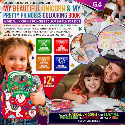 G4GADGET Colouring Books Set of 2 with Stickers | Princess & Unicorn | 80 Pages to Colour | Magical Colouring & Activity Books | Unicorn & Princess Colouring Book Set — view 2