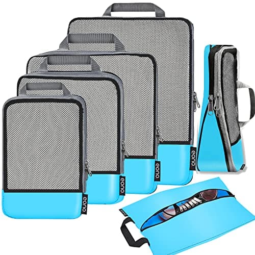 Eono Compression Packing Cubes, Luggage Organiser Set, Extensible Suitcase Organiser, Packing Organisers for Suitcases, Packing Cubes for Travel or Home Storage - Blue, 6 Set