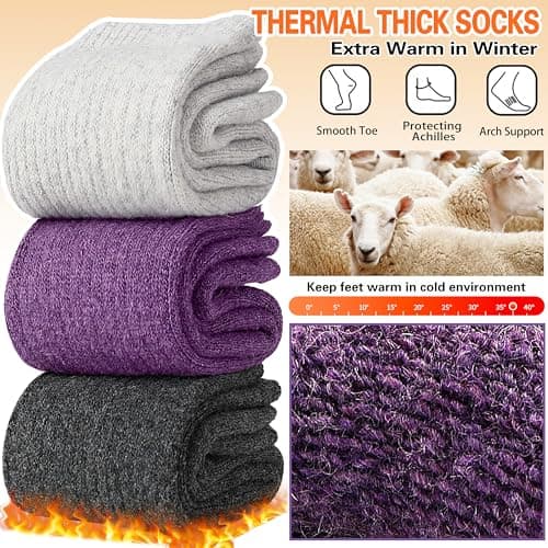 Sandsuced Womens Merino Wool Thermal Walking Socks Warm Winter Cozy Long Heavy Comfy Socks for Ladies Mum Stocking Fillers Women Gifts Thick Crew Work Soft Boot Socks 5 Pairs(Solid Color B) — view 4