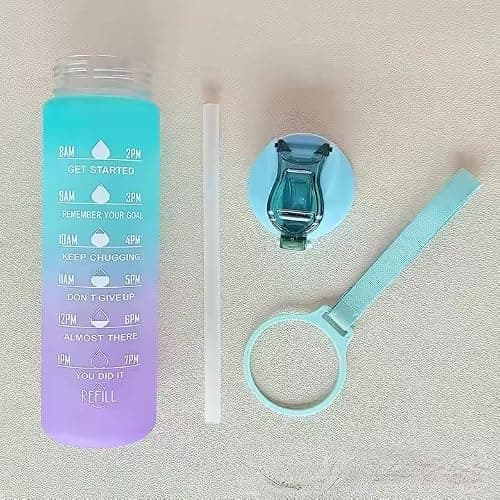 Motivational Water Bottle with Time Markers, 900ML Gradient Ombre Design, Flip-Top Lid, Carry Strap, Hourly Hydration Tracker (Blue and Purple) — view 2