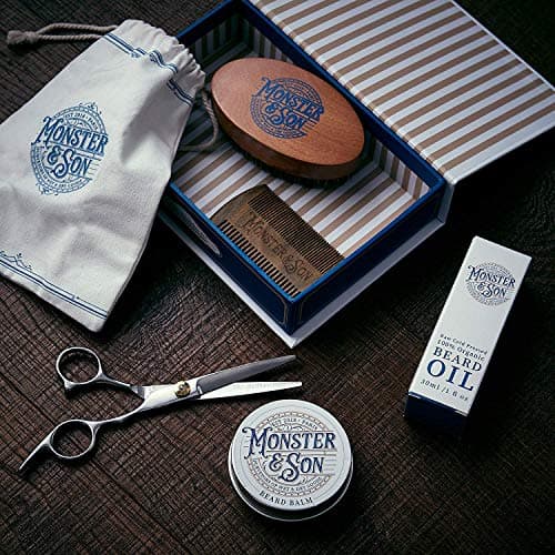 Monster&Son Premium 7-Item Organic Beard Kit - Beard Oil, Beard Balm, Beard Brush, Beard Comb, Scissors, Canvas Travel Bag - Male Grooming Kit in Gift Box - Great Mens Birthday Gift - Father's Day — view 2