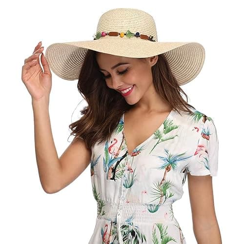 Women Foldable Floppy Wide Brim Straw Sun Hat Travel Packable, Summer Sun Hat Sunscreen Seaside Wild Beach Hat Travel Accessories Hat UV UPF 50+ (Beige) — view 2