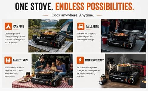OptiProducts Portable Camping Stove with Carry Case & 4 Butane Gas Canisters – Black Single Burner Gas Cooker, Automatic Piezo Ignition, Adjustable Heat Control, EN417 Compliant, 2100W — view 5