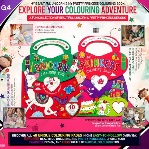 G4GADGET Colouring Books Set of 2 with Stickers | Princess & Unicorn | 80 Pages to Colour | Magical Colouring & Activity Books | Unicorn & Princess Colouring Book Set — view 3