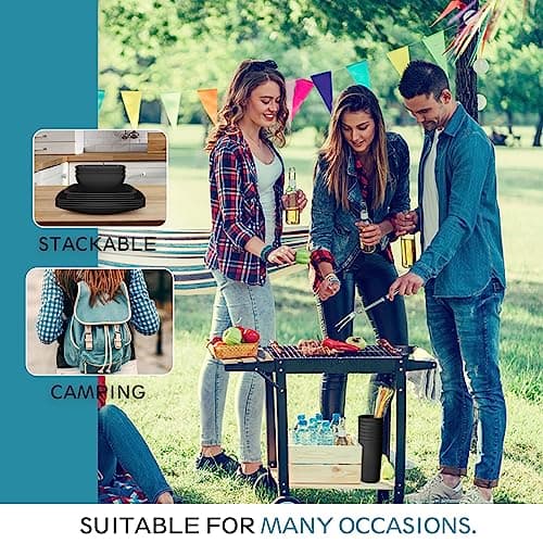 Teivio 44-Piece Kitchen Reusable Plastic Square Dinner Set for 4, Dinner Plate, Dessert/Tidbit Plate, Cereal/Fruit Bowl, Cup, Unbreakable Plastic Plate and Bowl Set, Outdoor Camping Dish, Black — view 6