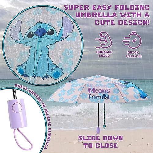 Disney Automatic Umbrella for Adults Teens Kids - Folding Telescopic Umbrella Lightweight Travel School Work - Stitch Gifts (Purple Stitch) — view 2