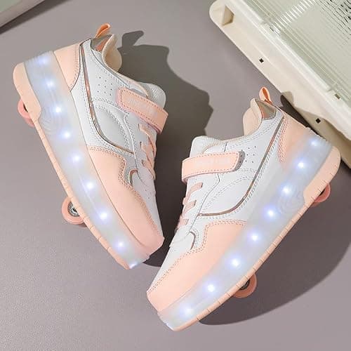 Roller Skate Shoes for Boys and Girls Kids LED Light Up Fashion Sneakers Skating Shoes with Rechargeable and Detachable Wheels The Gift for Party Birthday Christmas Day Pink — view 3