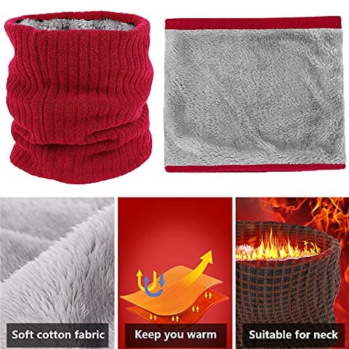 ehsbuy Fleece Neck Warmer Thermal Snoods Unisex Thick Winter Cold Weather Knitted Circle Scarf for Cycling Motocycle Sports (Red) — view 3