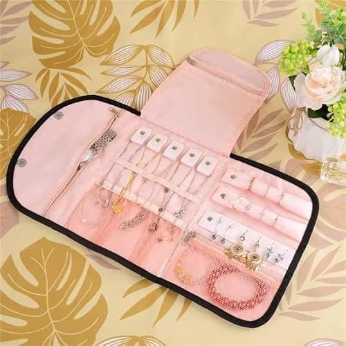 igadgitz home U7253 Foldable Jewellery Organiser Bag, Pouch, Roll, Storage, Portable for Travel - Black and Peach — view 3