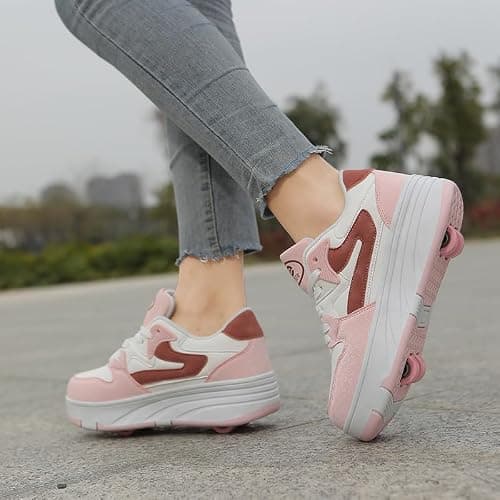 Mateju Kids Roller Skate Shoes for Boys Girls, Skateboarding Skates Outdoor Parkour Shoes Retractable 4 Wheels Unisex Teenager Children Sports Walking Running Sneakers Shoes Pink — view 2