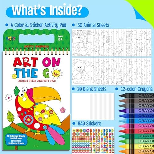 SpriteGru Road Trip Coloring Kit, 50 Coloring Pages with 940 Decorative Stickers & 12 Crayons, Mess-Free Travel Sticker Collage Activity DIY Dotty Animals Travel Art Craft Kit for Kids, Toddlers — view 2