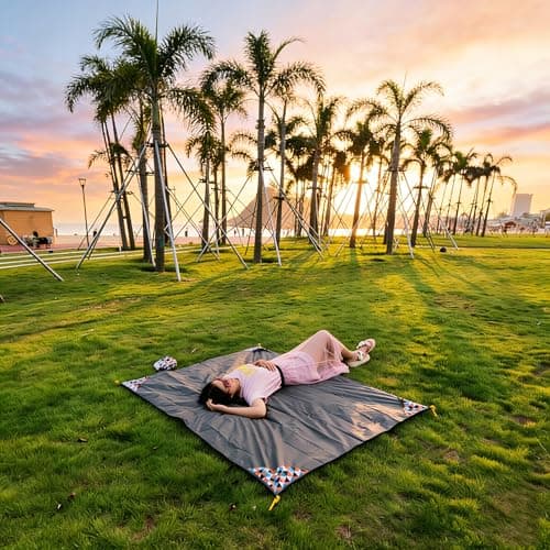 HZJOYUE Outdoor Picnic Blanket 71" x 55" -Compact, Lightweight, Pocket Blanket Best Mat for the Beach, Hiking, Travel, Camping, Festivals with Carabiner,Pockets, Loops, Stakes — view 5