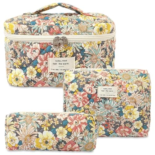 Aucuu 3PCS Coquette Makeup Bag, Quilted Makeup Bag for Women, Floral Cotton Cosmetic Bag Set, Large Capacity Aesthetic Floral Toiletry Bag, Travel Toiletry Bag, Wash Organizer Pouch for Women Girls