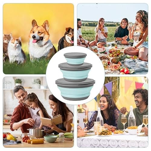 flintronic 3Pcs Collapsible Camping Bowl Sets, Portable Silicone Bowl with Lid, Folding Bowl, Portable Salad Bowl, Folding Lunch Box for Camping, Hiking, Kitchen, School, Blue — view 6